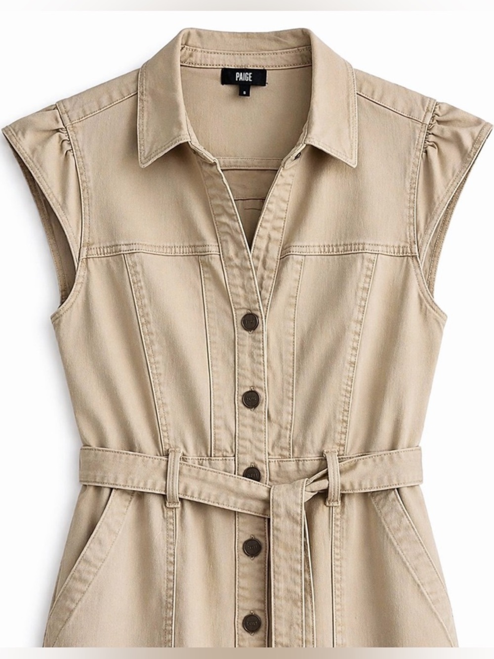 PAIGE Jaxsyn Midi Dress Utility Shirt Dress Belted Warm Sand Size 8 - Picture 4 of 10